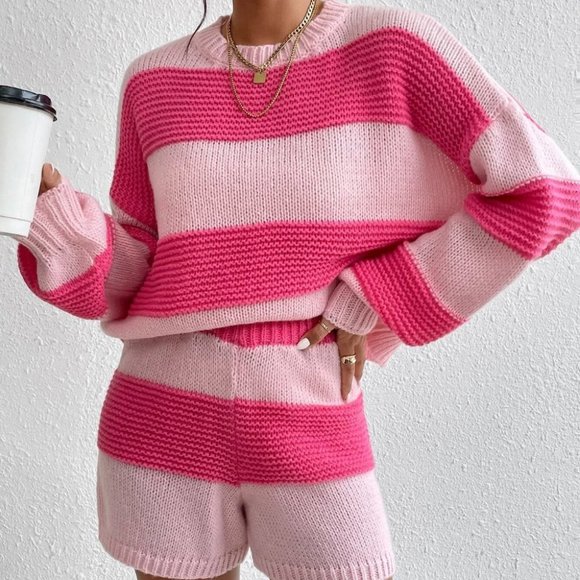 Coord set Two Tone Drop Shoulder Sweater & Knit Shorts pink - Picture 2 of 5